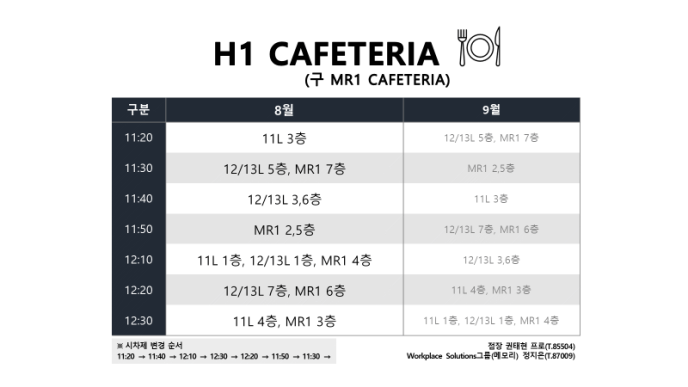 H1 식당 8월 중식 시차제